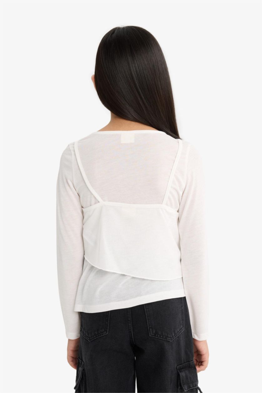 Kız Çocuk - Genç Kız Ekru Fitted Bisiklet Yaka Uzun Kollu Tişört Kız Çocuk