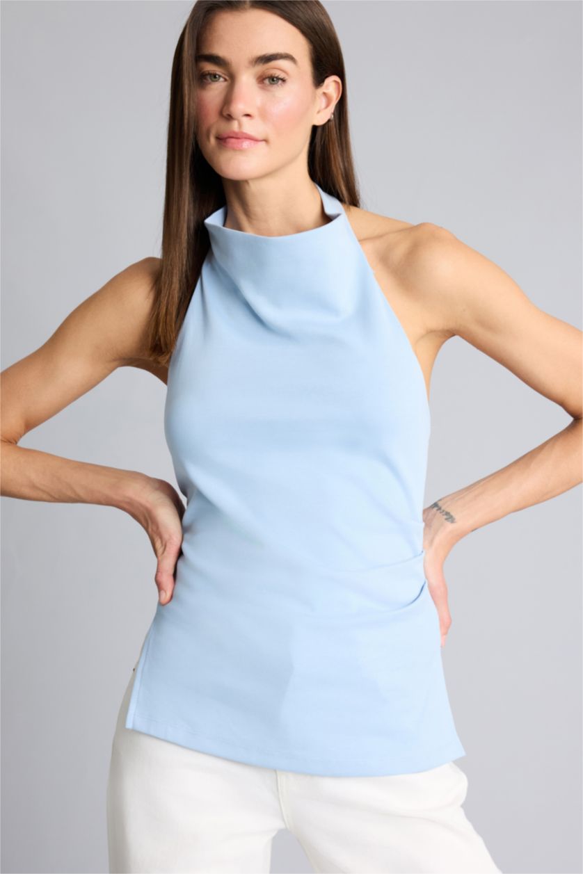 WOMAN Light Blue تانك توب سليم فيت بياقة هالتر