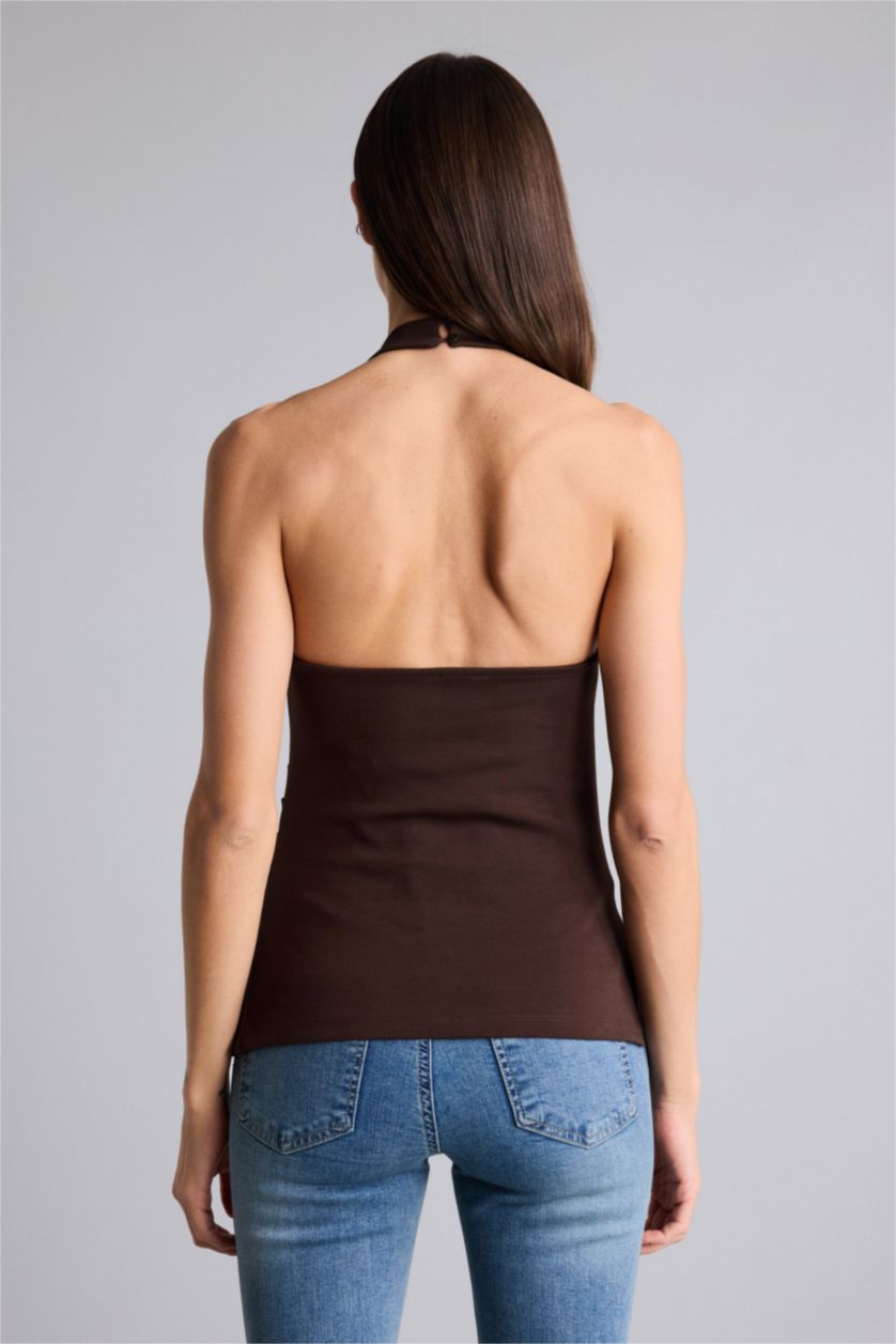 FEMME Marron Blouse à col halter Coupe ajustée