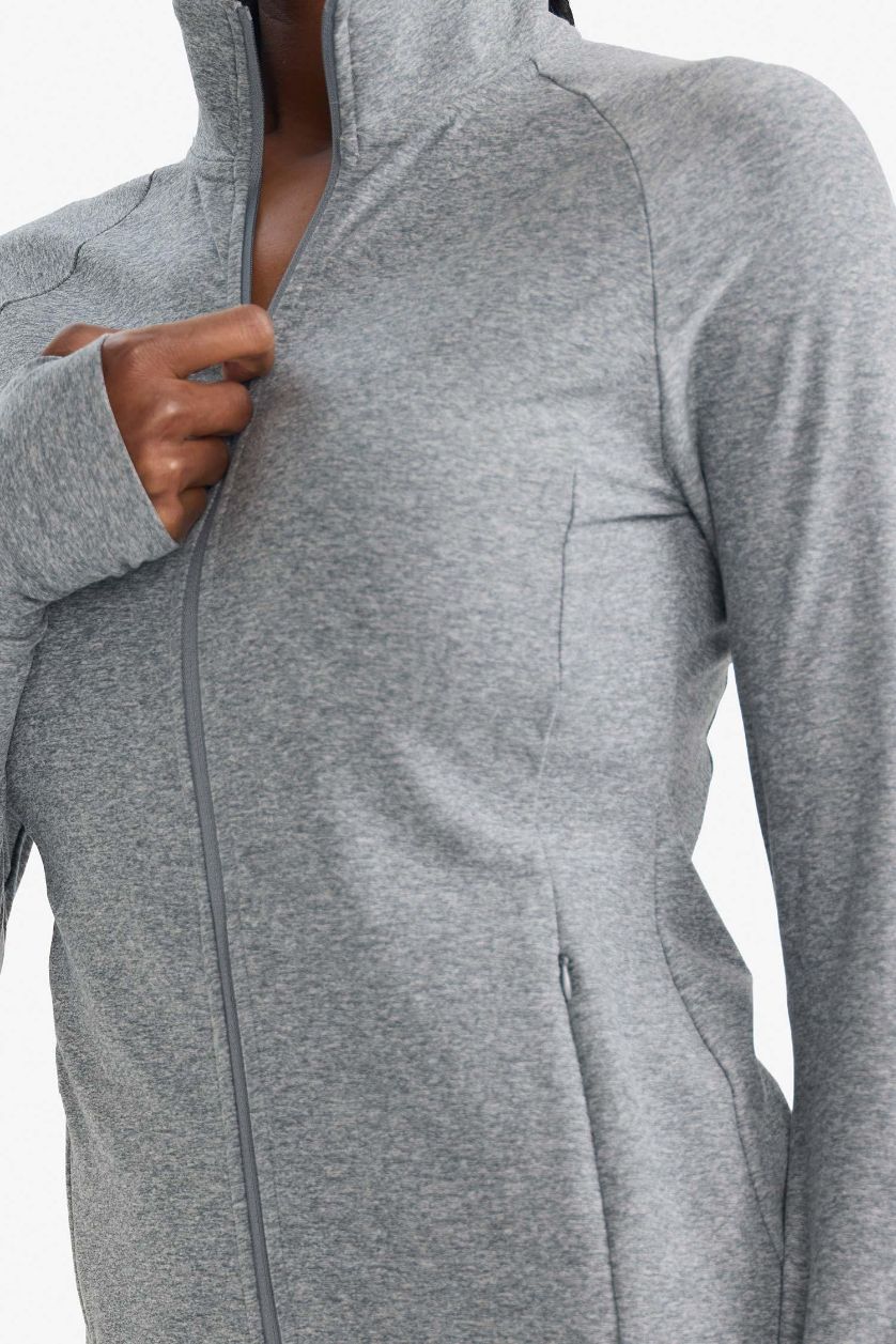 حريمي رمادي سويت شيرت بسوستة  رياضي سليم فيت بياقة عالية وجيب