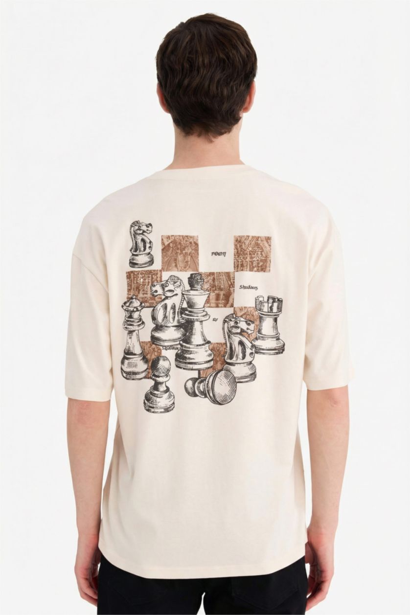 Erkek Ekru %100 Pamuk Boxy Fit Baskılı Tişört