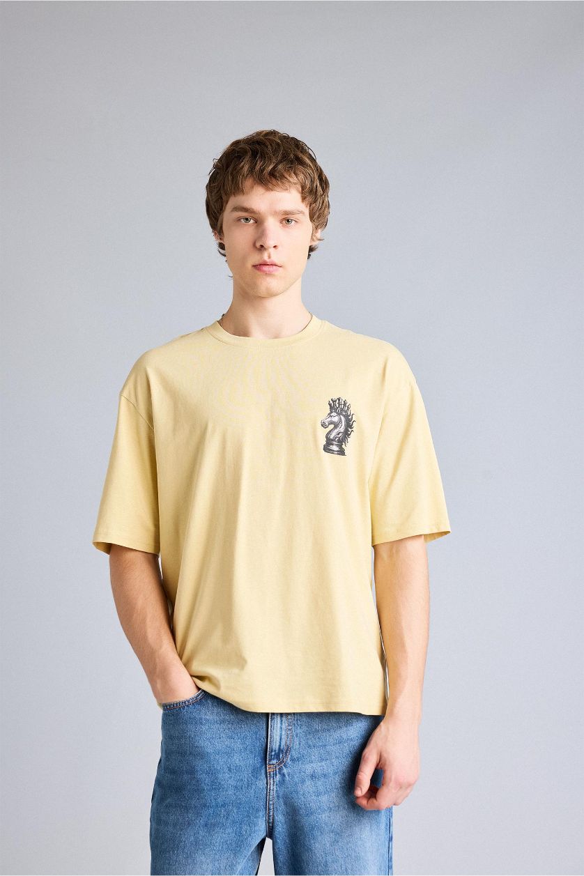 Erkek Sarı %100 Pamuk Boxy Fit Baskılı Tişört