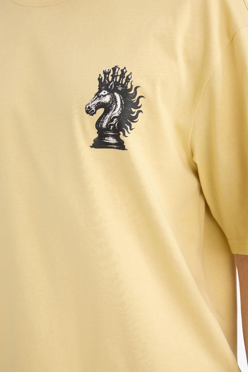 Erkek Sarı %100 Pamuk Boxy Fit Baskılı Tişört