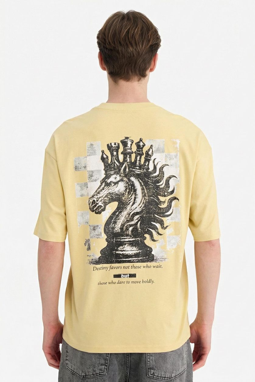 Erkek Sarı %100 Pamuk Boxy Fit Baskılı Tişört