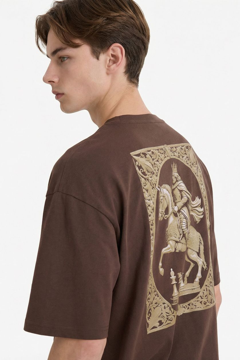 Erkek Açık Kahve %100 Pamuk Boxy Fit Baskılı Tişört