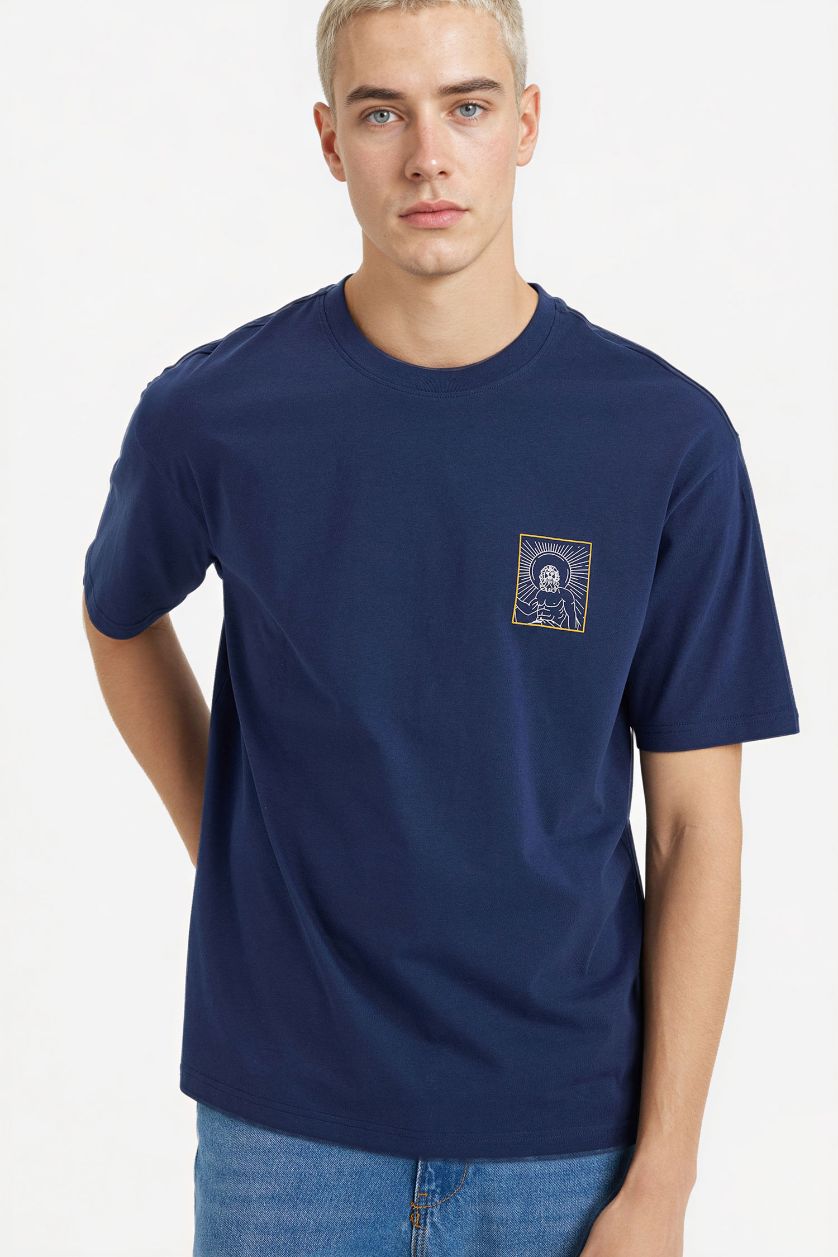 رجالي كحلي تيشيرت قطن 100% بطبعة أوفر سايز