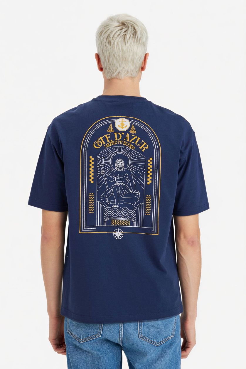 رجالي كحلي تيشيرت قطن 100% بطبعة أوفر سايز