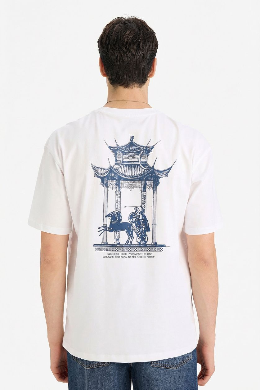 رجالي أبيض تيشيرت قطن 100% بطبعة أوفر سايز