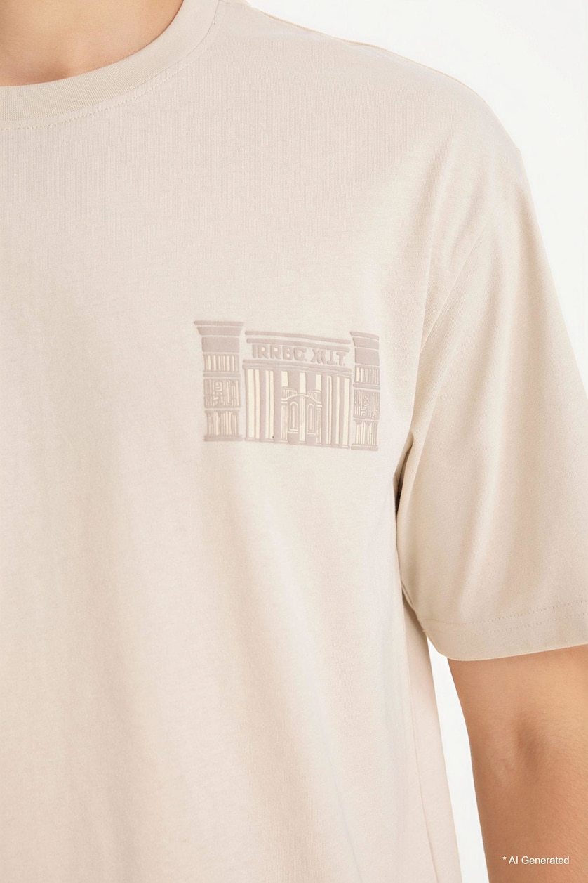 Man Beige Cotton Boxy Fit Printed T-Shirt