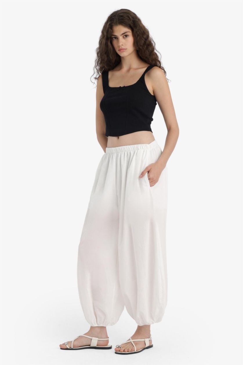 WOMAN White Barrel Fit Normal Waist Standard Length Voile Trousers