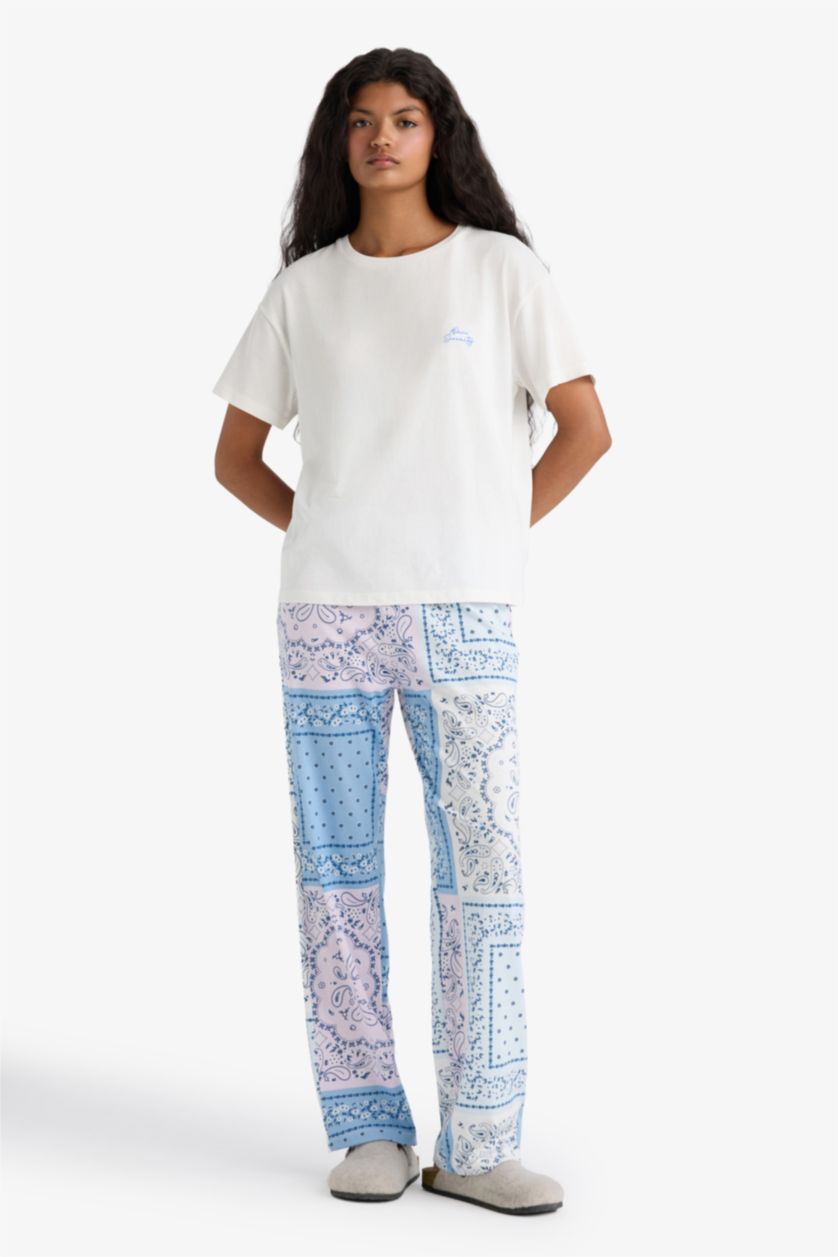 Kadın Mavi Pijama Takımı Regular Fit Kısa Kollu Üst Desenli Uzun Alt