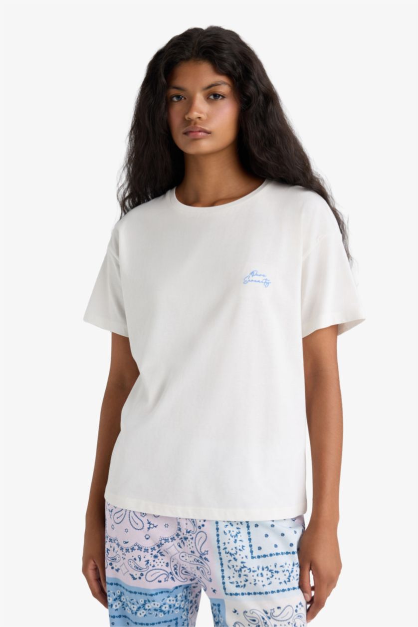 Kadın Mavi Pijama Takımı Regular Fit Kısa Kollu Üst Desenli Uzun Alt