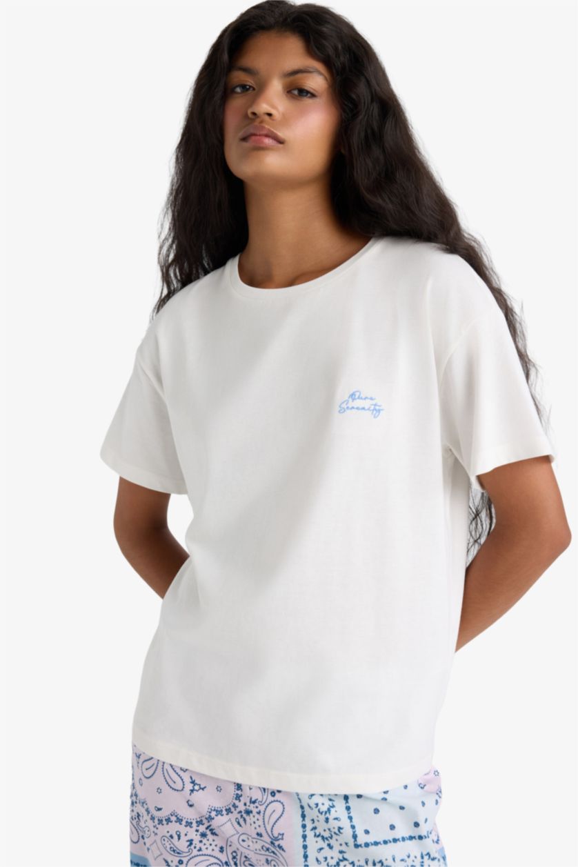 Kadın Mavi Pijama Takımı Regular Fit Kısa Kollu Üst Desenli Uzun Alt