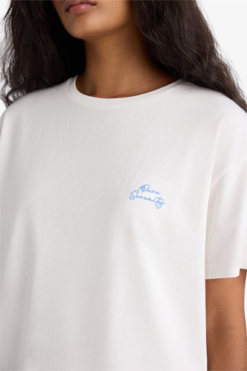 Kadın Mavi Pijama Takımı Regular Fit Kısa Kollu Üst Desenli Uzun Alt