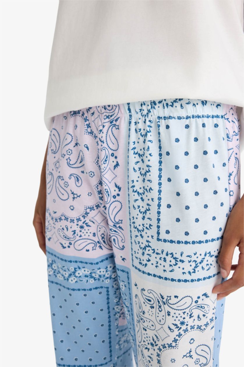 Kadın Mavi Pijama Takımı Regular Fit Kısa Kollu Üst Desenli Uzun Alt