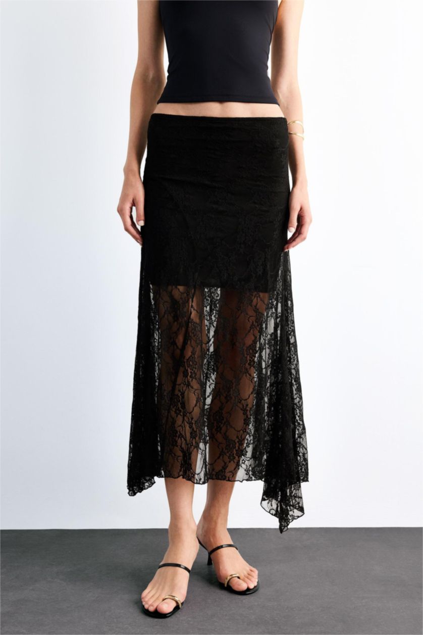 نساء أسود تنورة ميدي دانتيل بخصر مطاطي بنصف بطانة