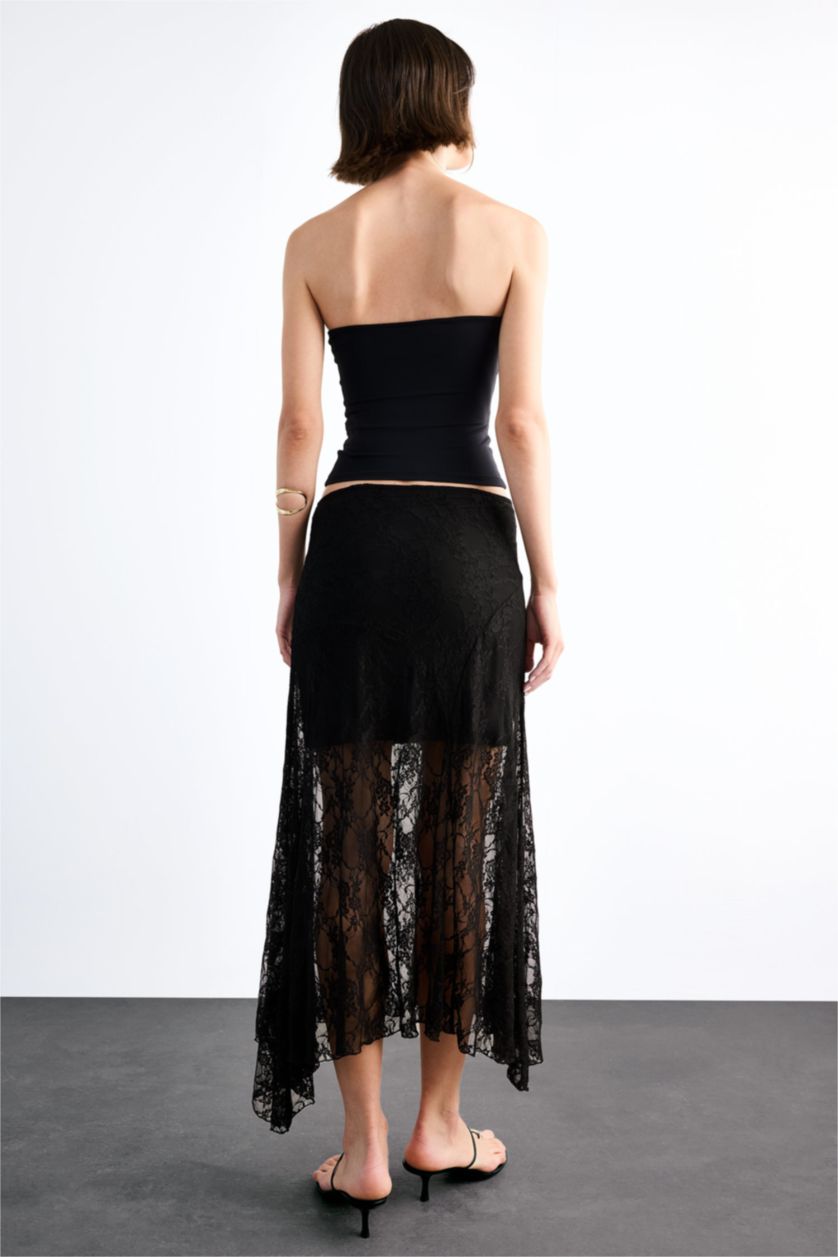 نساء أسود تنورة ميدي دانتيل بخصر مطاطي بنصف بطانة