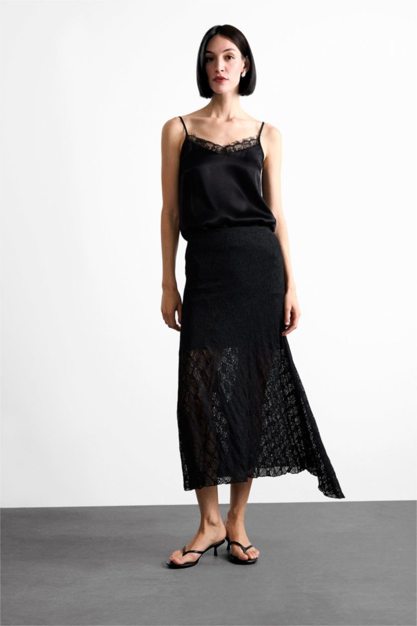 Woman Black Lace Half Lining Elastic Band Ankle Length Skirt