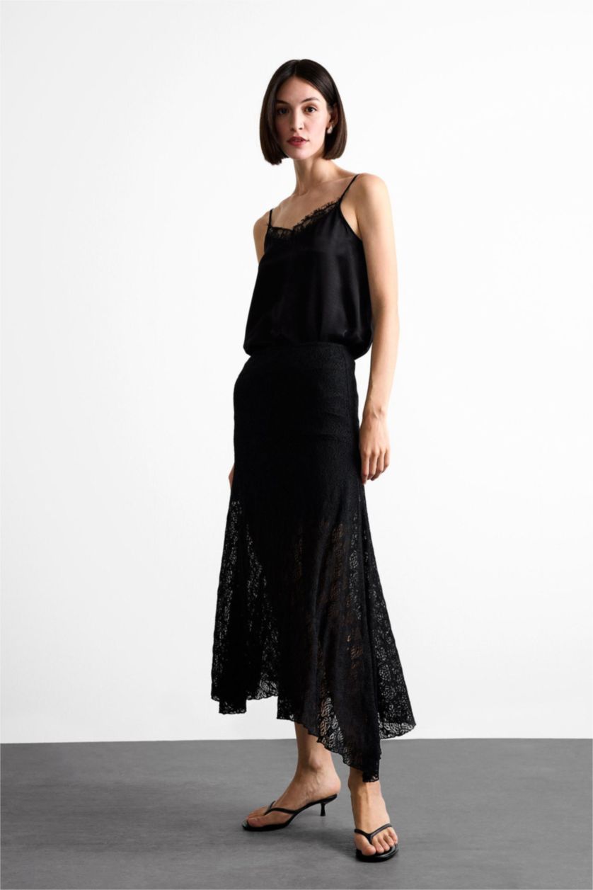 Woman Black Lace Half Lining Elastic Band Ankle Length Skirt