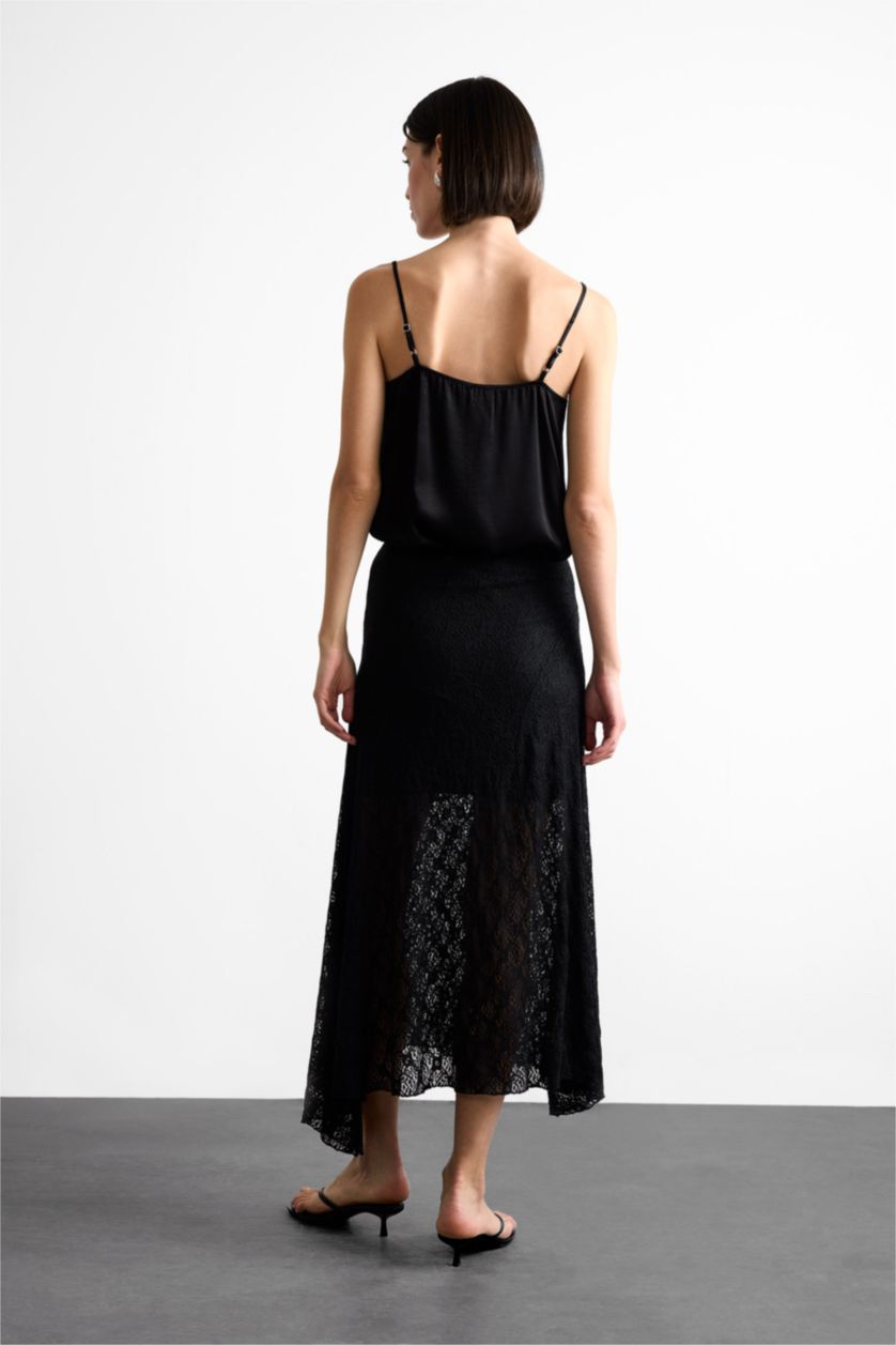 Woman Black Lace Half Lining Elastic Band Ankle Length Skirt