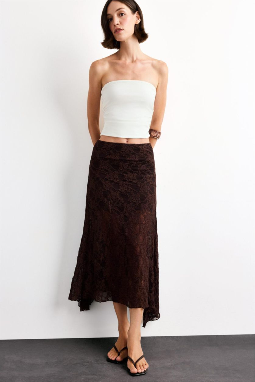 Woman Brown Lace Half Lining Elastic Band Ankle Length Skirt