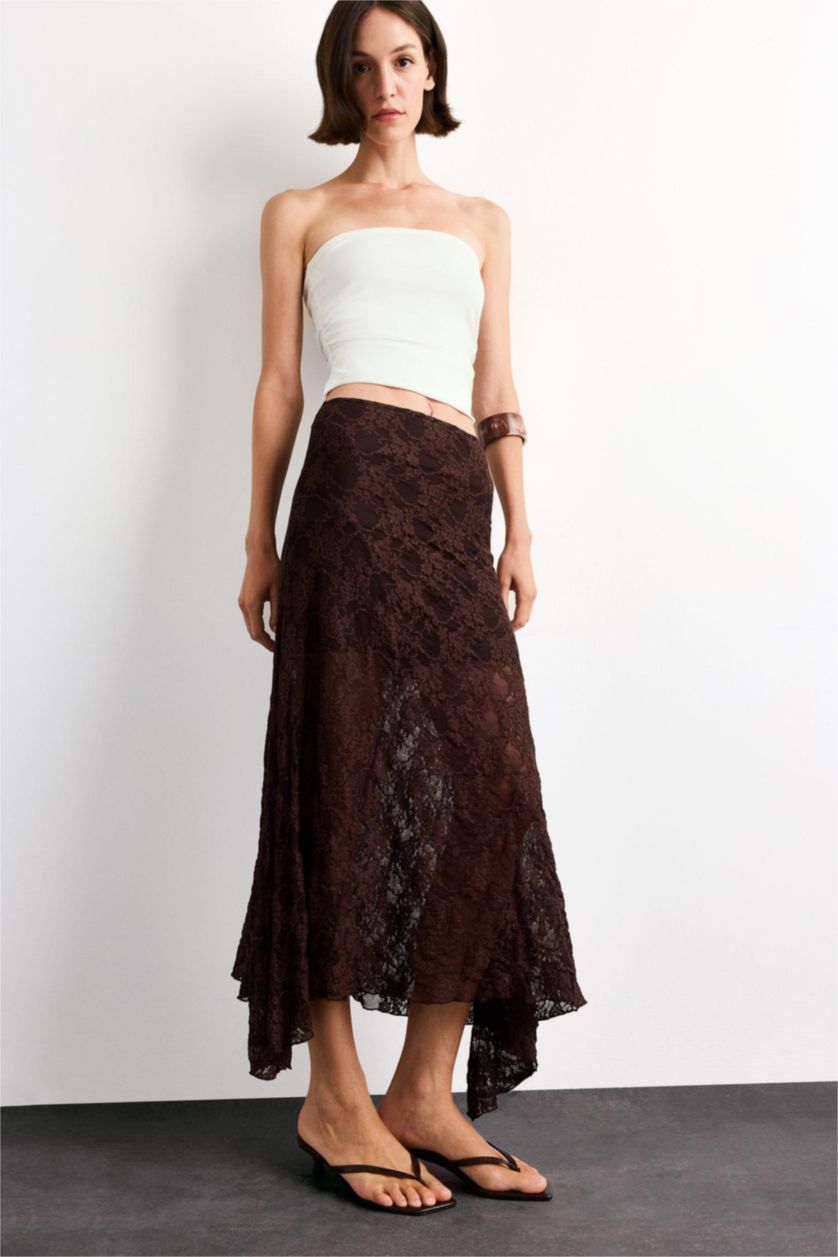 Woman Brown Lace Half Lining Elastic Band Ankle Length Skirt