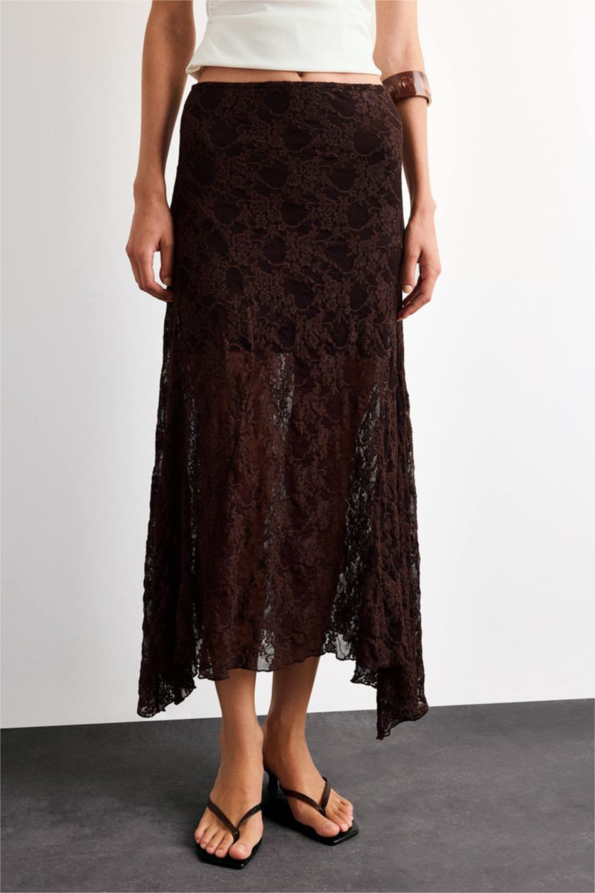 Woman Brown Lace Half Lining Elastic Band Ankle Length Skirt