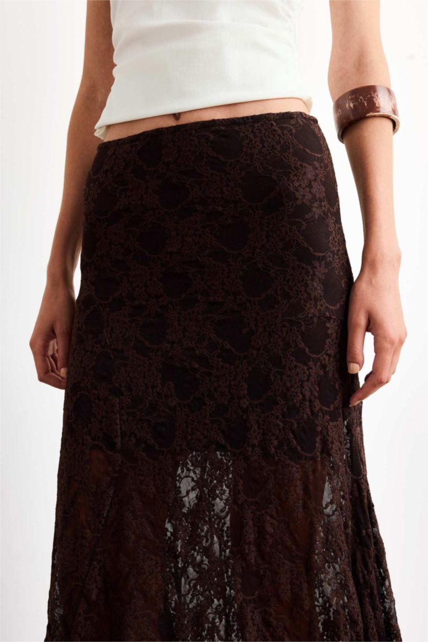 Woman Brown Lace Half Lining Elastic Band Ankle Length Skirt