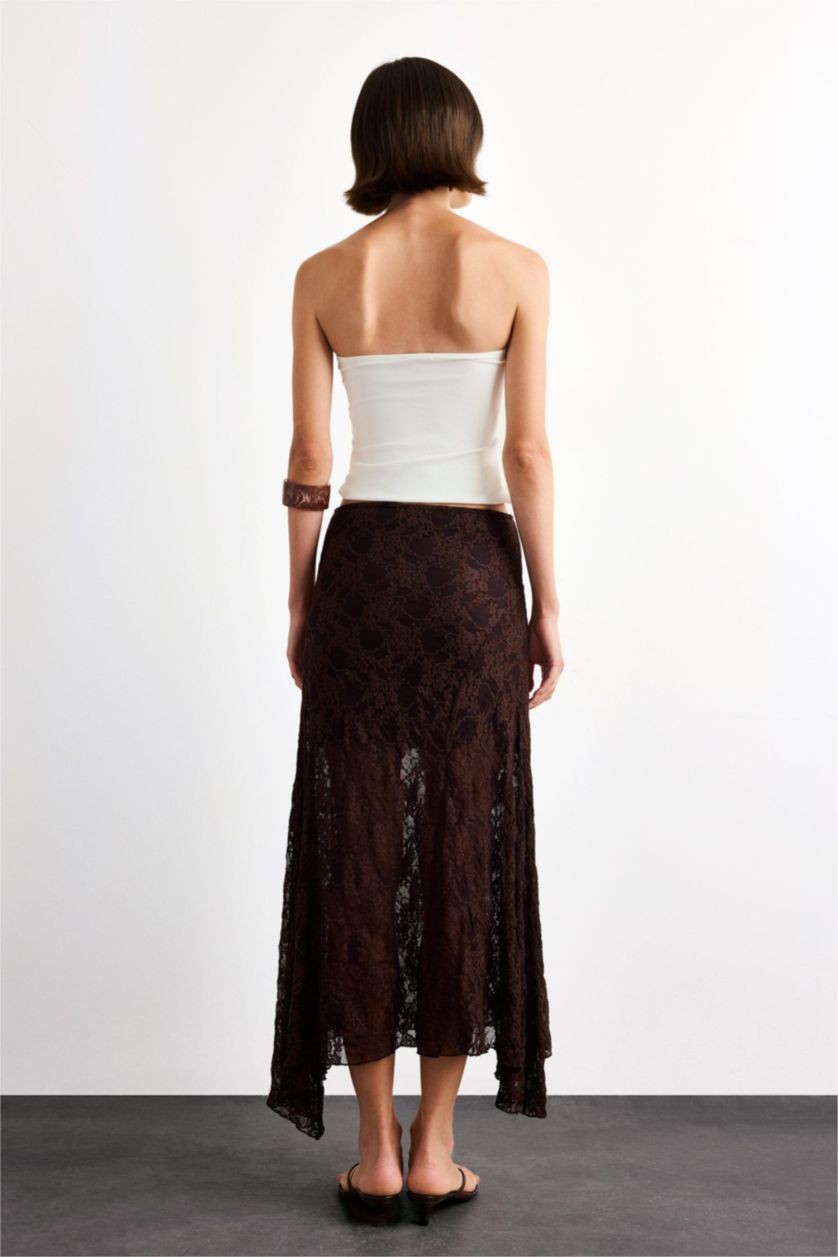 Woman Brown Lace Half Lining Elastic Band Ankle Length Skirt