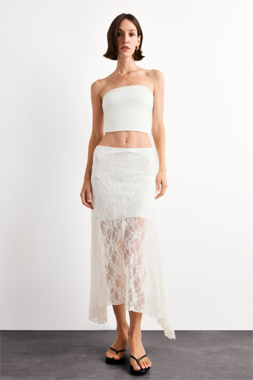 نساء بيج فاتح تنورة ميدي دانتيل بخصر مطاطي بنصف بطانة