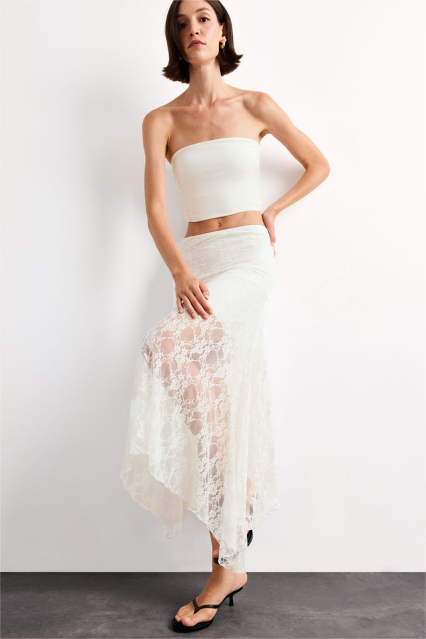 نساء بيج فاتح تنورة ميدي دانتيل بخصر مطاطي بنصف بطانة