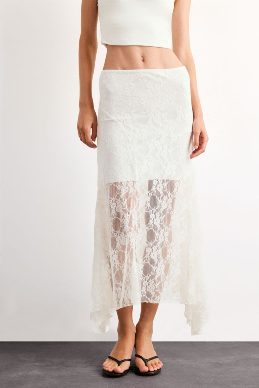 نساء بيج فاتح تنورة ميدي دانتيل بخصر مطاطي بنصف بطانة