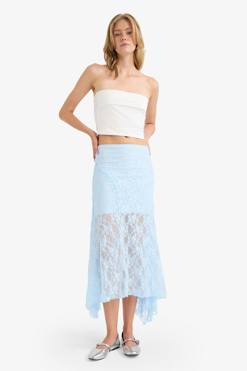 Woman Indigo Lace Half Lining Elastic Band Ankle Length Skirt
