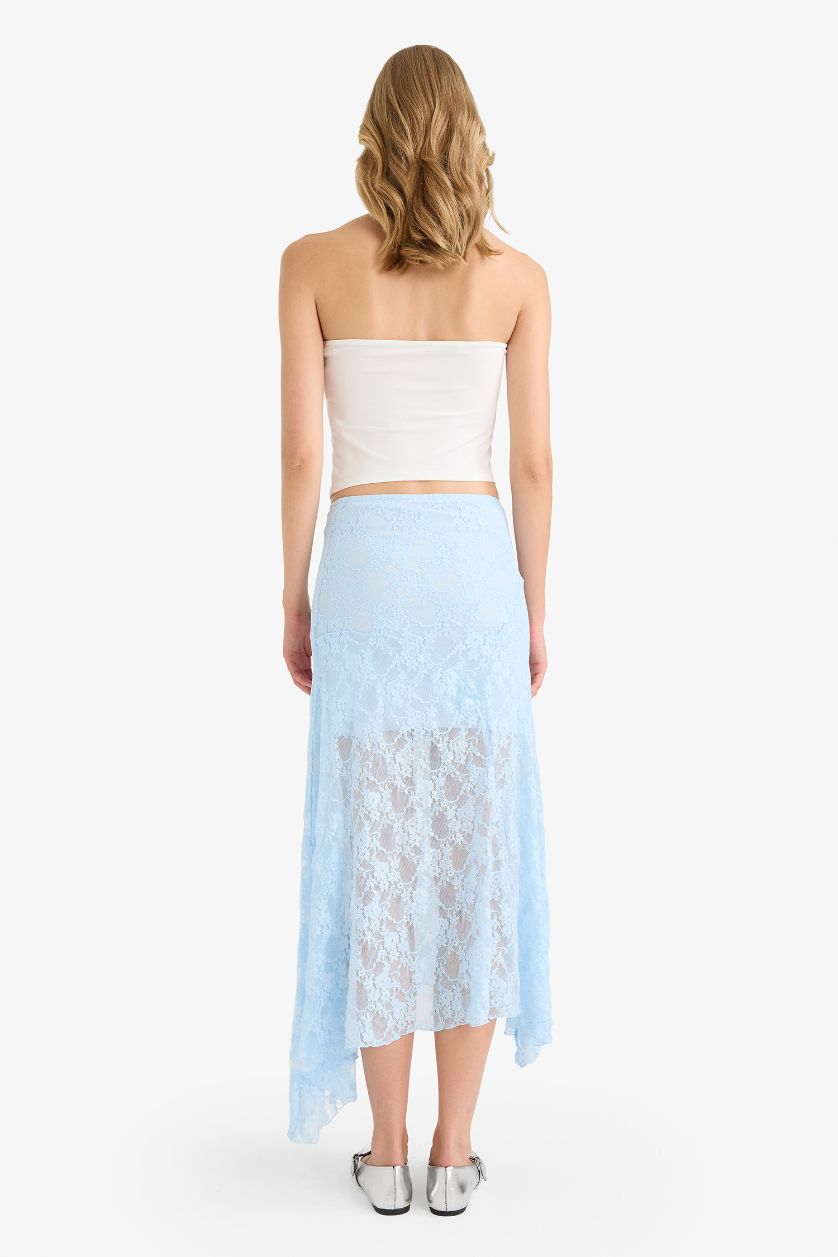 Woman Indigo Lace Half Lining Elastic Band Ankle Length Skirt
