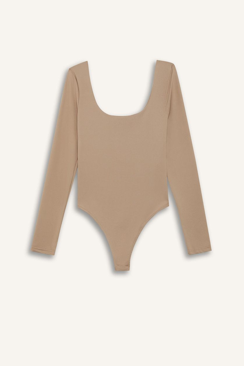 Женщины Бежевый Боди с кнопками и длинным рукавом, с U-образным вырезом