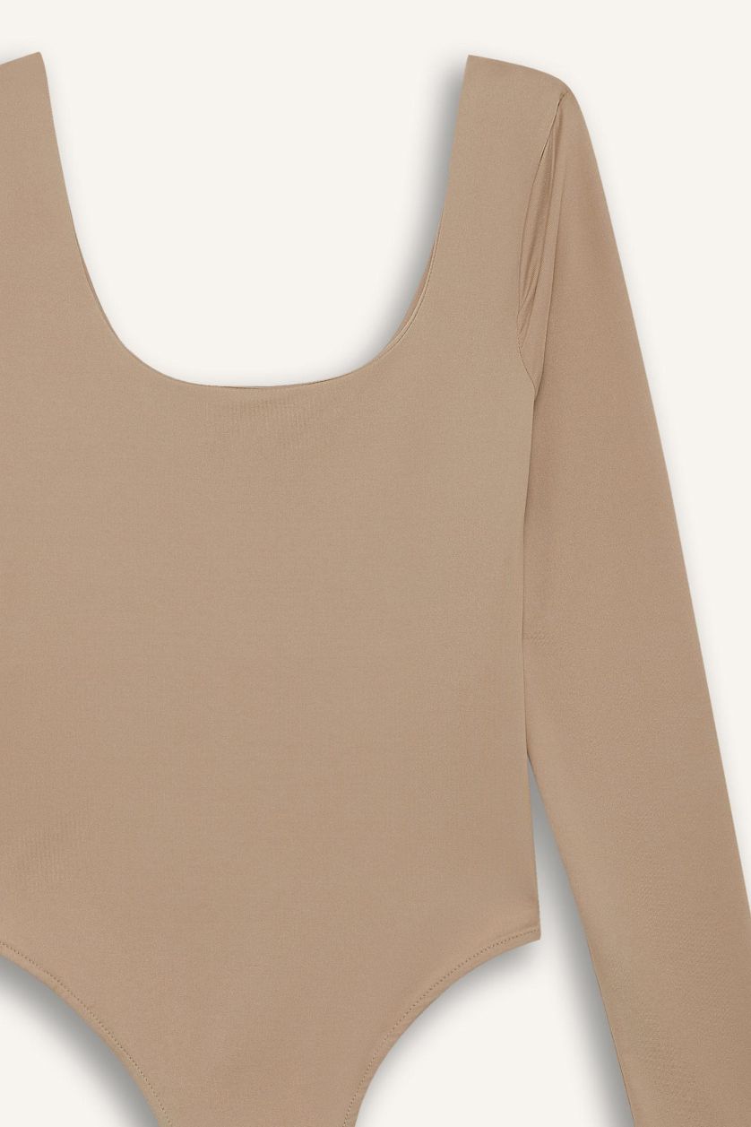 Женщины Бежевый Боди с кнопками и длинным рукавом, с U-образным вырезом