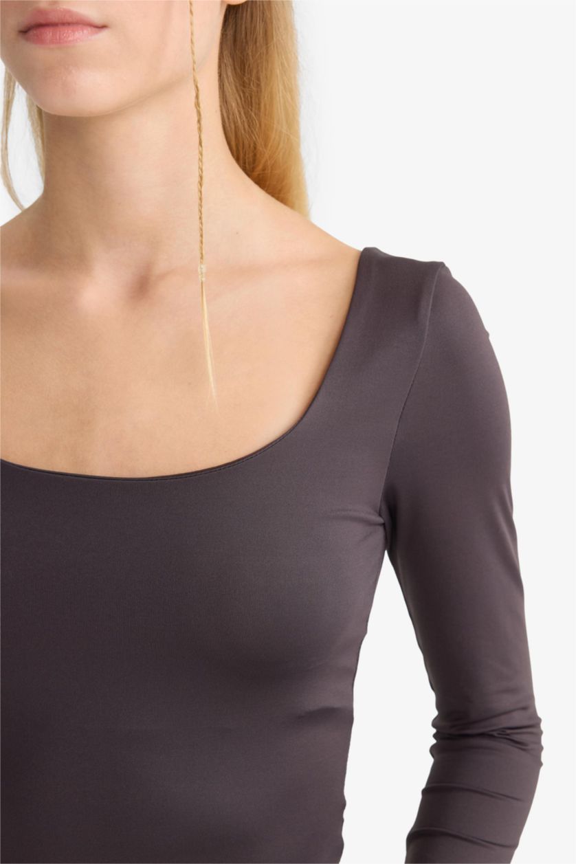 Женщины Коричневый Боди с кнопками и длинным рукавом, с U-образным вырезом