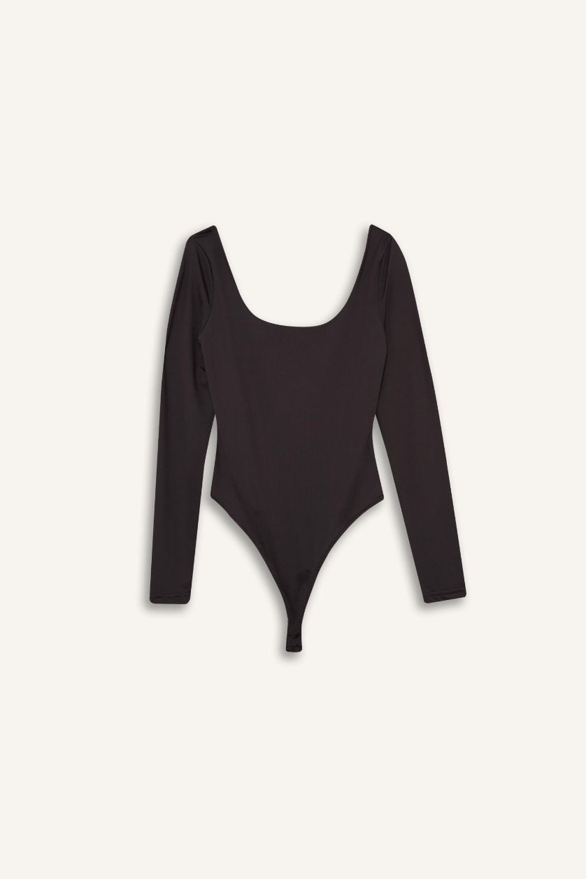 Женщины Коричневый Боди с кнопками и длинным рукавом, с U-образным вырезом