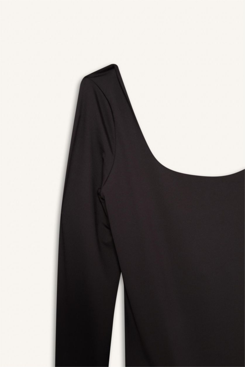 Женщины Коричневый Боди с кнопками и длинным рукавом, с U-образным вырезом