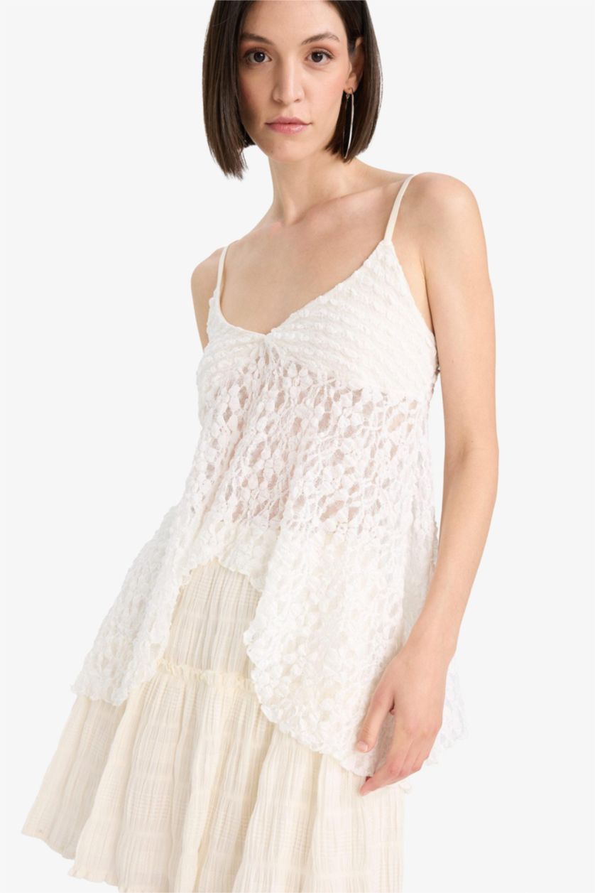 Women White Afra x DeFacto Fitted V Neck Lace Strappy Blouse