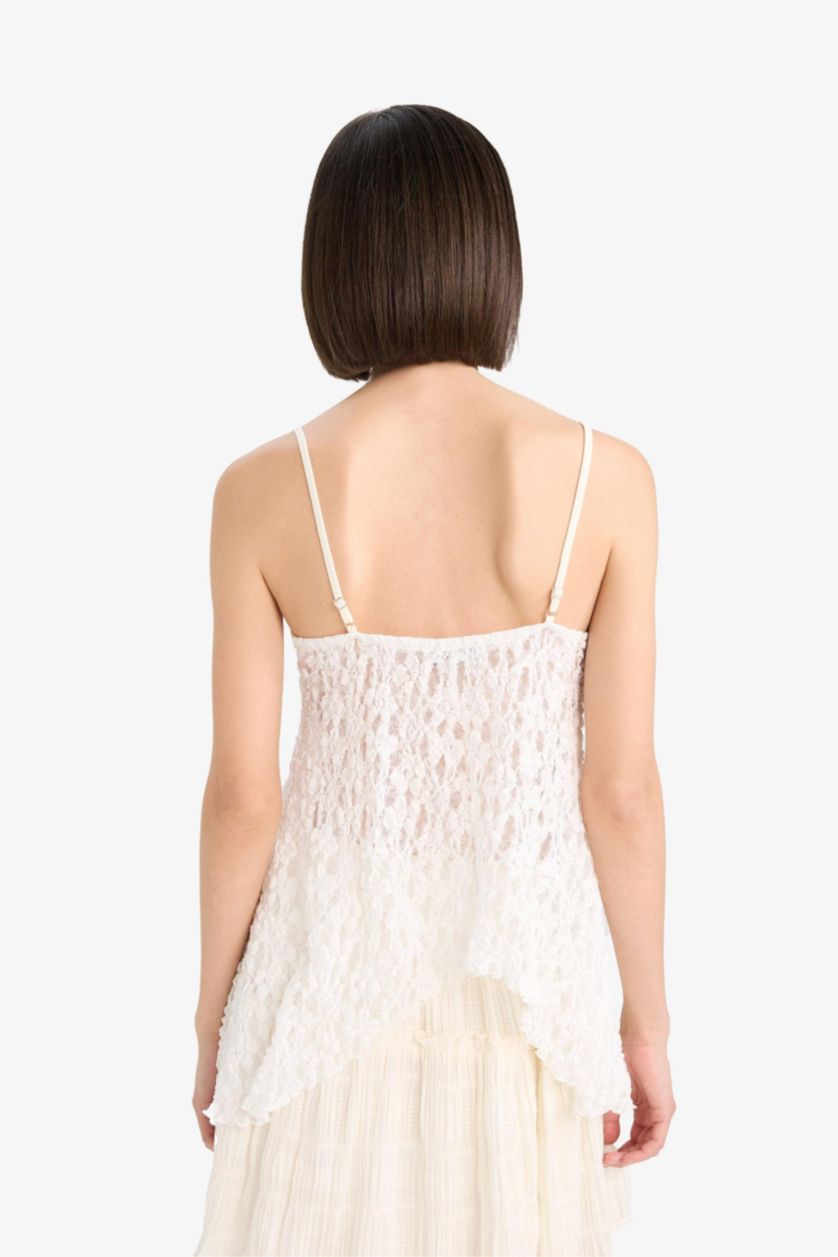 Women White Afra x DeFacto Fitted V Neck Lace Strappy Blouse