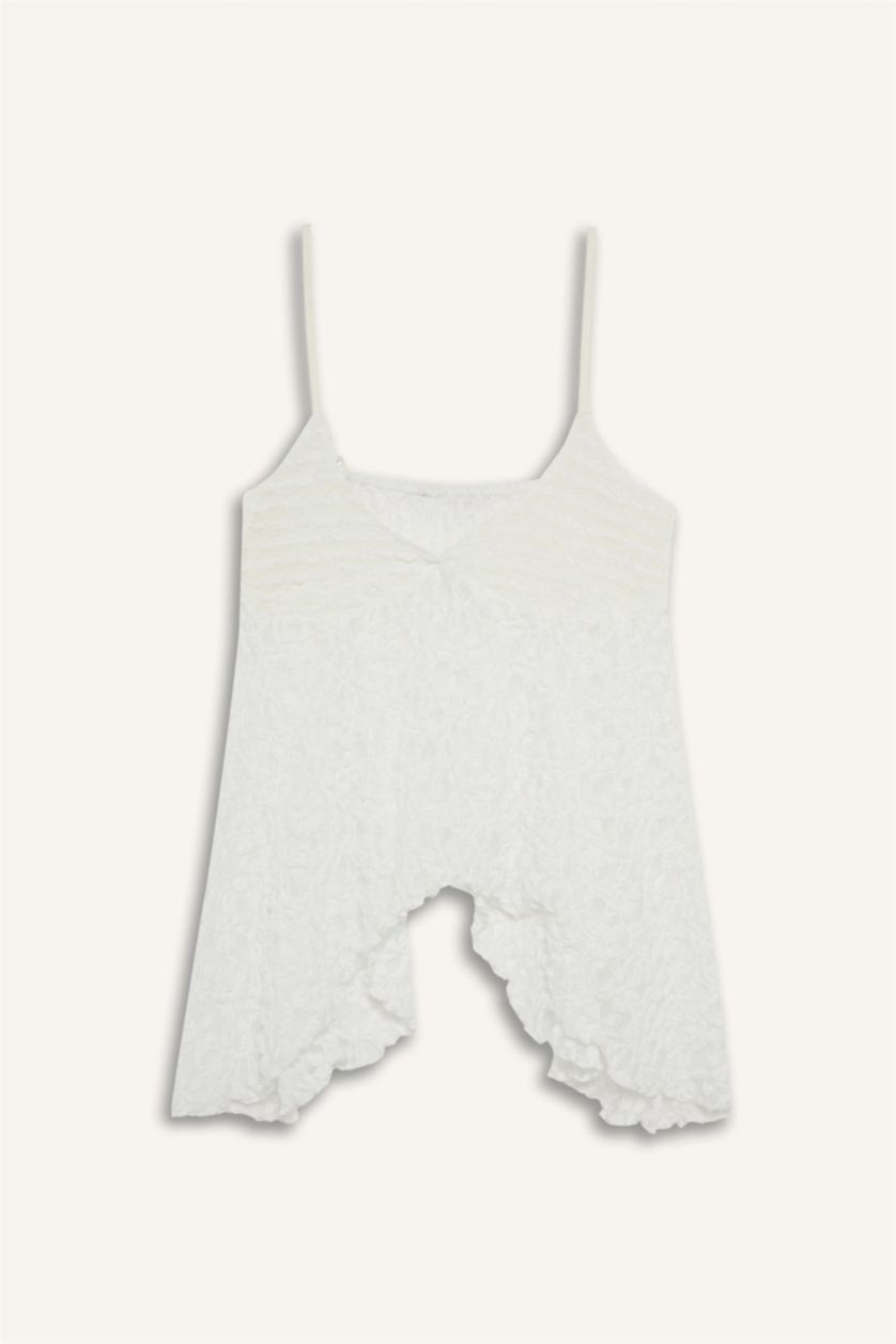 Kadın Kırık Beyaz Afra x DeFacto Fitted V Yaka Dantel Askılı Bluz