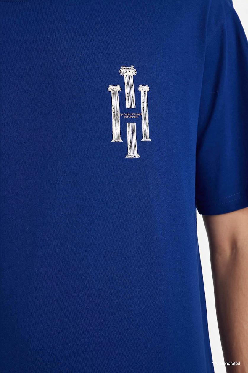 رجالي أزرق فاقع Boxy Fit Printed Cotton T-Shirt