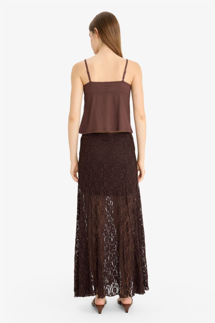 Kadın Kahve Yüksek Bel Dantel Maxi Etek