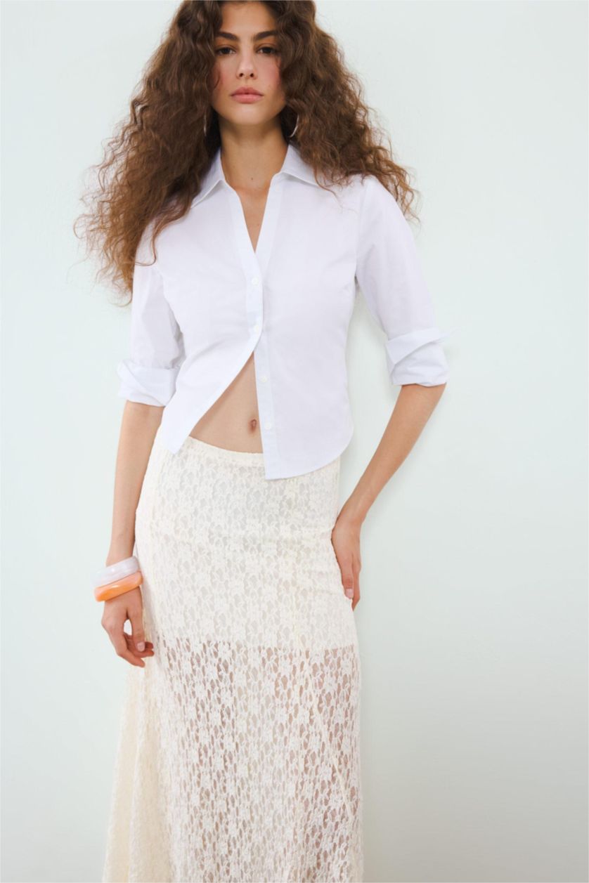 Kadın Ekru Afra x DeFacto Yüksek Bel Dantel Maxi Etek