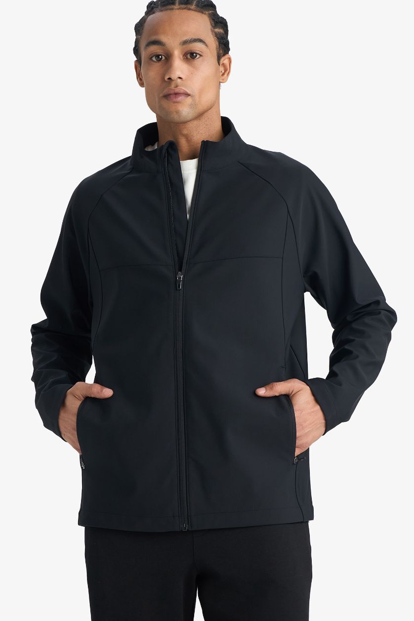 Man Black Windproof Regular Fit Half Turtleneck Zippered Jacket