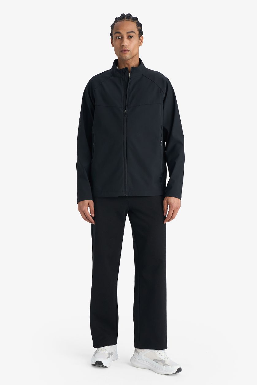 Man Black Windproof Regular Fit Half Turtleneck Zippered Jacket