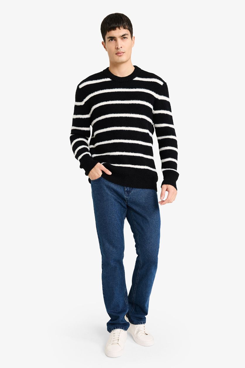 MAN Black Standard Fit Crew Neck Knit Striped Pullover