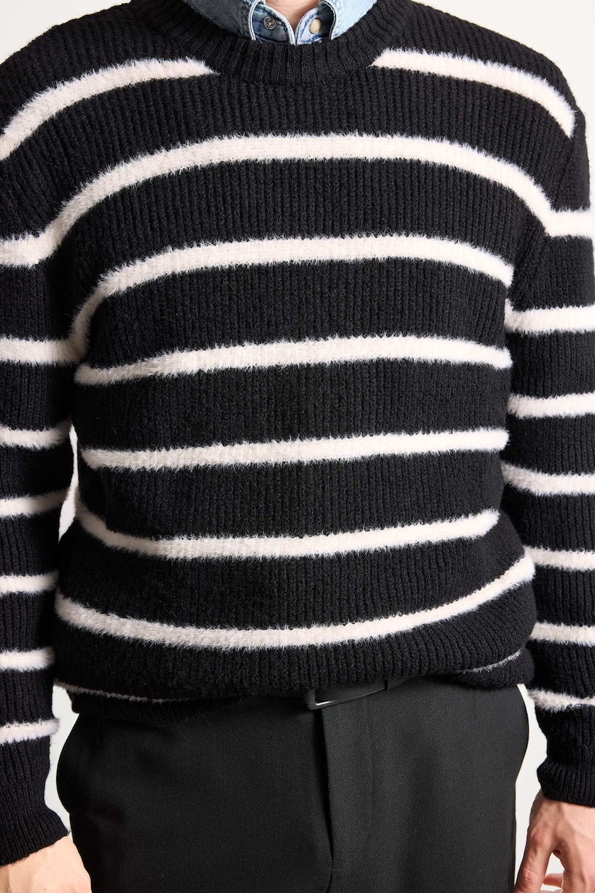 MAN Black Standard Fit Crew Neck Knit Striped Pullover