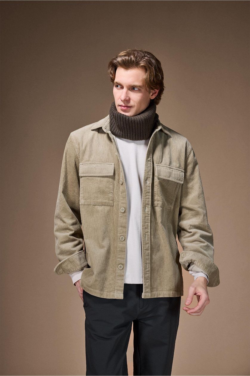 MAN Khaki Regular Fit Polo Collar Long Sleeve Corduroy Shirt